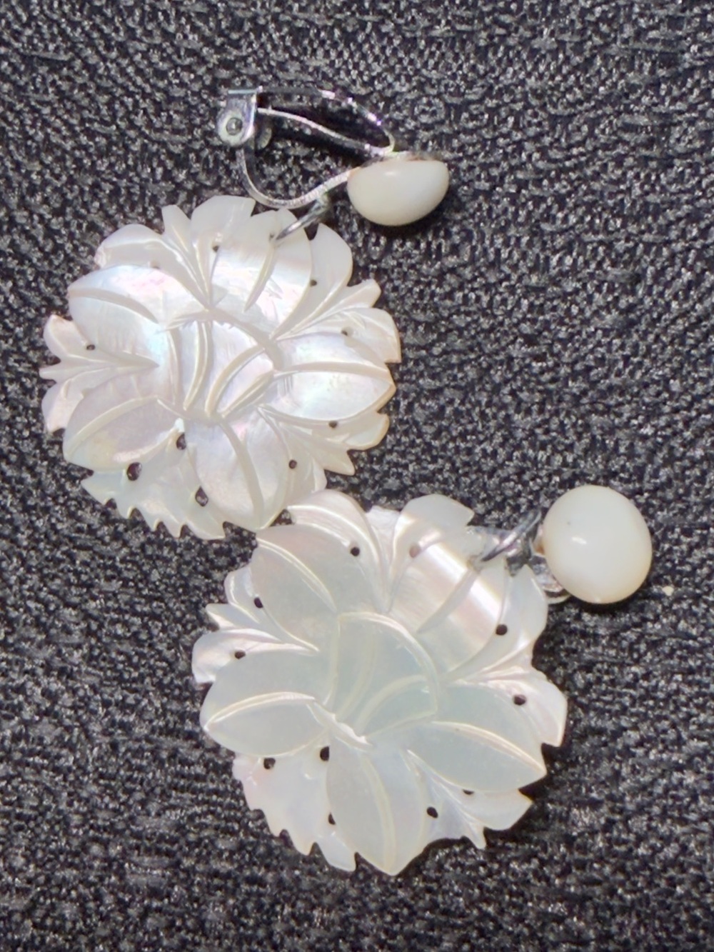 Hand-Carved Mother of Pearl Floral Drop Earrings - White